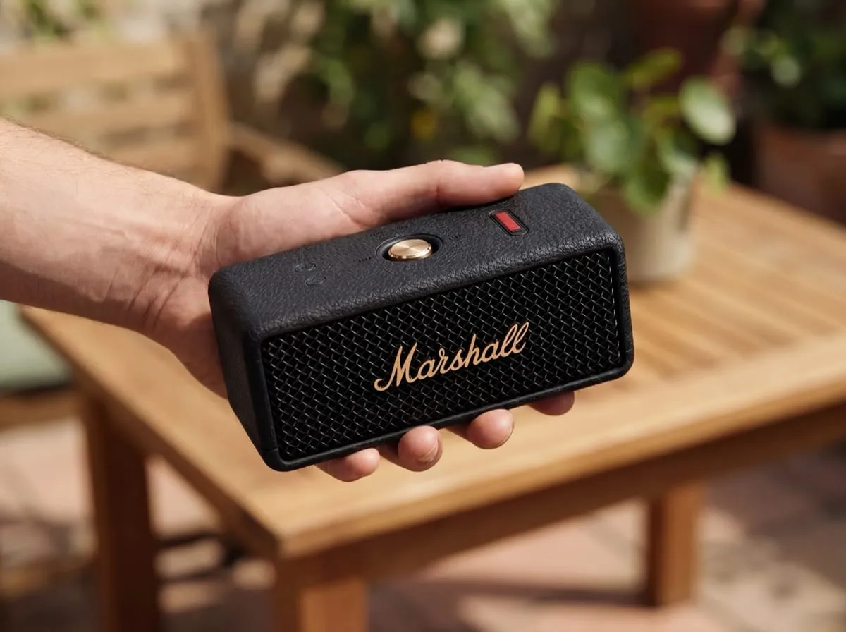 Marshall Emberton III held in one hand showing the brass control knob, red play button, and top control surface, outdoor wood table behind