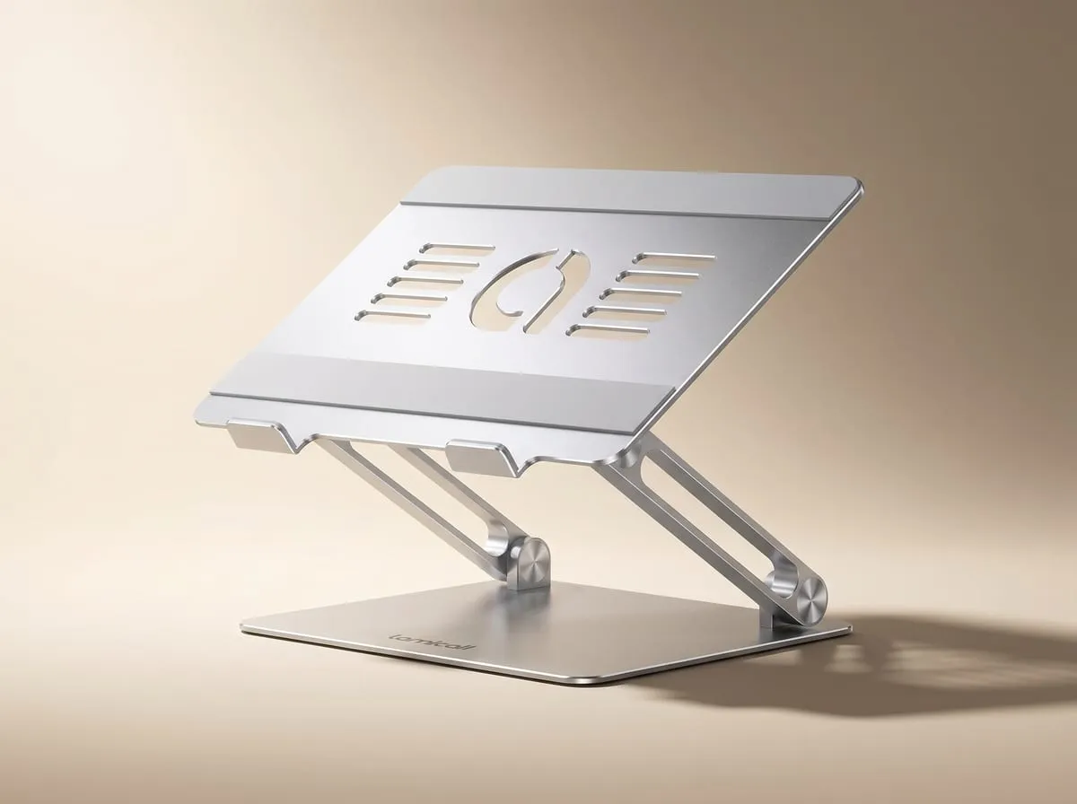 Lamicall aluminum laptop stand in a studio shot showing its open ventilated frame and adjustable hinges