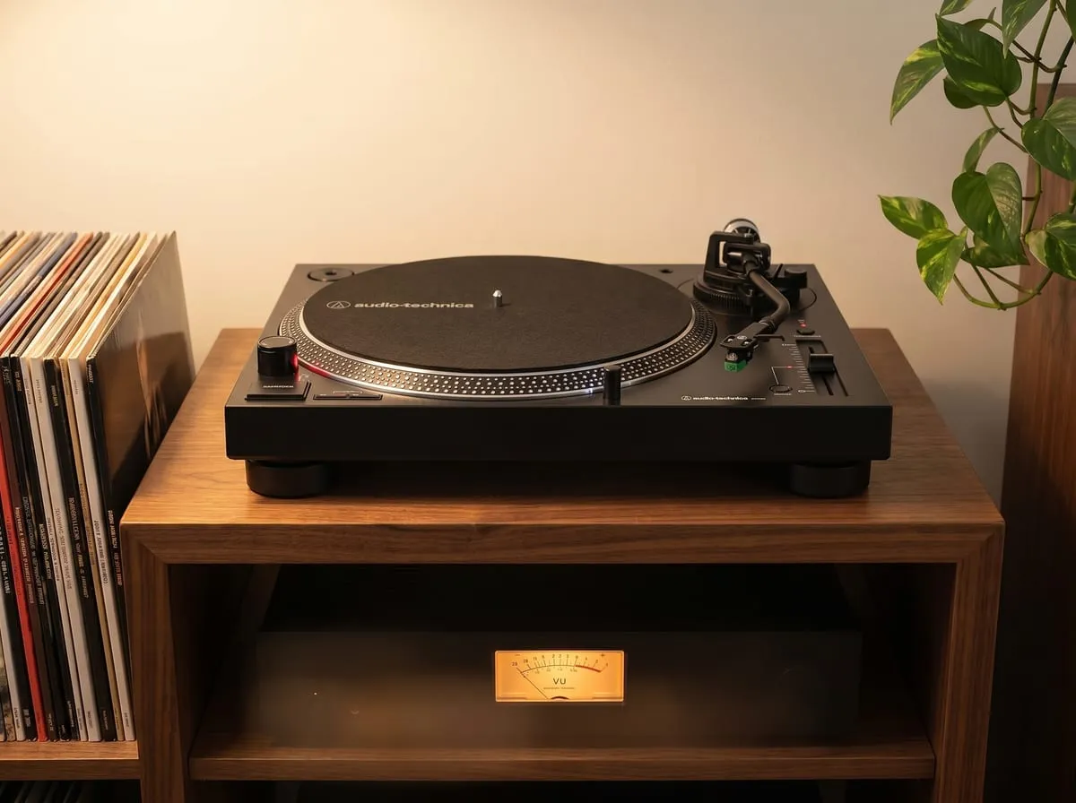 Audio-Technica AT-LP120XUSB on the top shelf of a walnut hi-fi rack above an amplifier with a glowing VU meter, beside a row of LPs