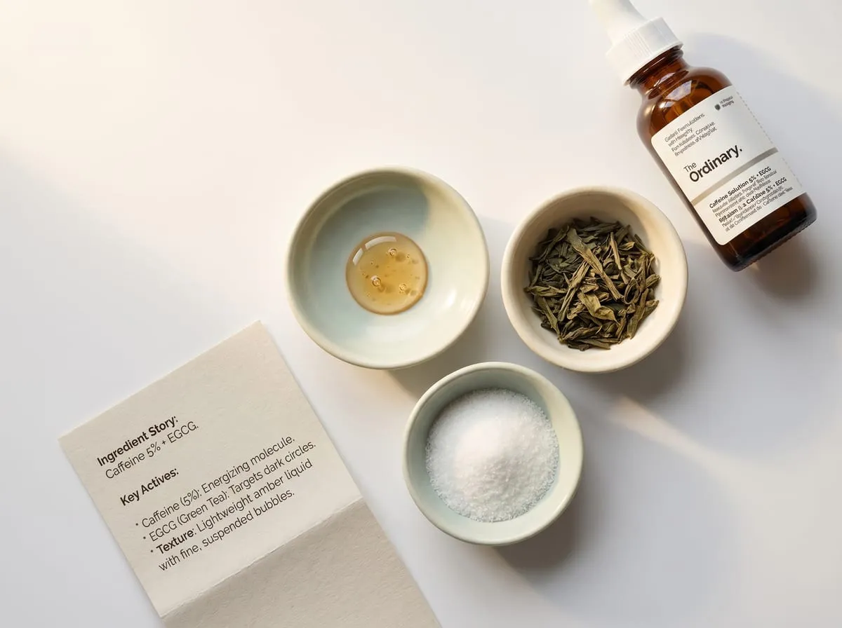 The Ordinary Caffeine — ingredient flat-lay with green tea sprig and caffeine bead