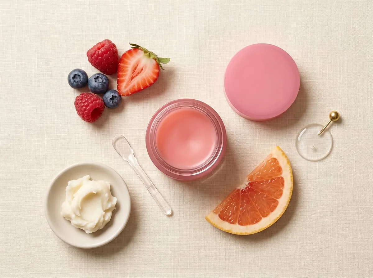 LANEIGE Lip Sleeping Mask ingredient flat-lay with berries and a spatula