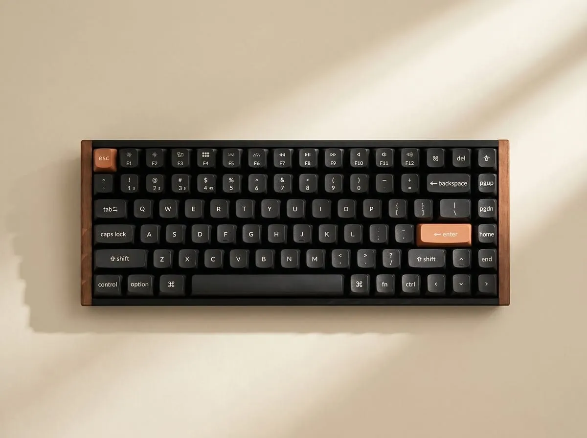 Top-down view of the Keychron K2 HE 75% layout on a warm cream backdrop, showing the full key arrangement, walnut frame, and orange esc and enter keycaps