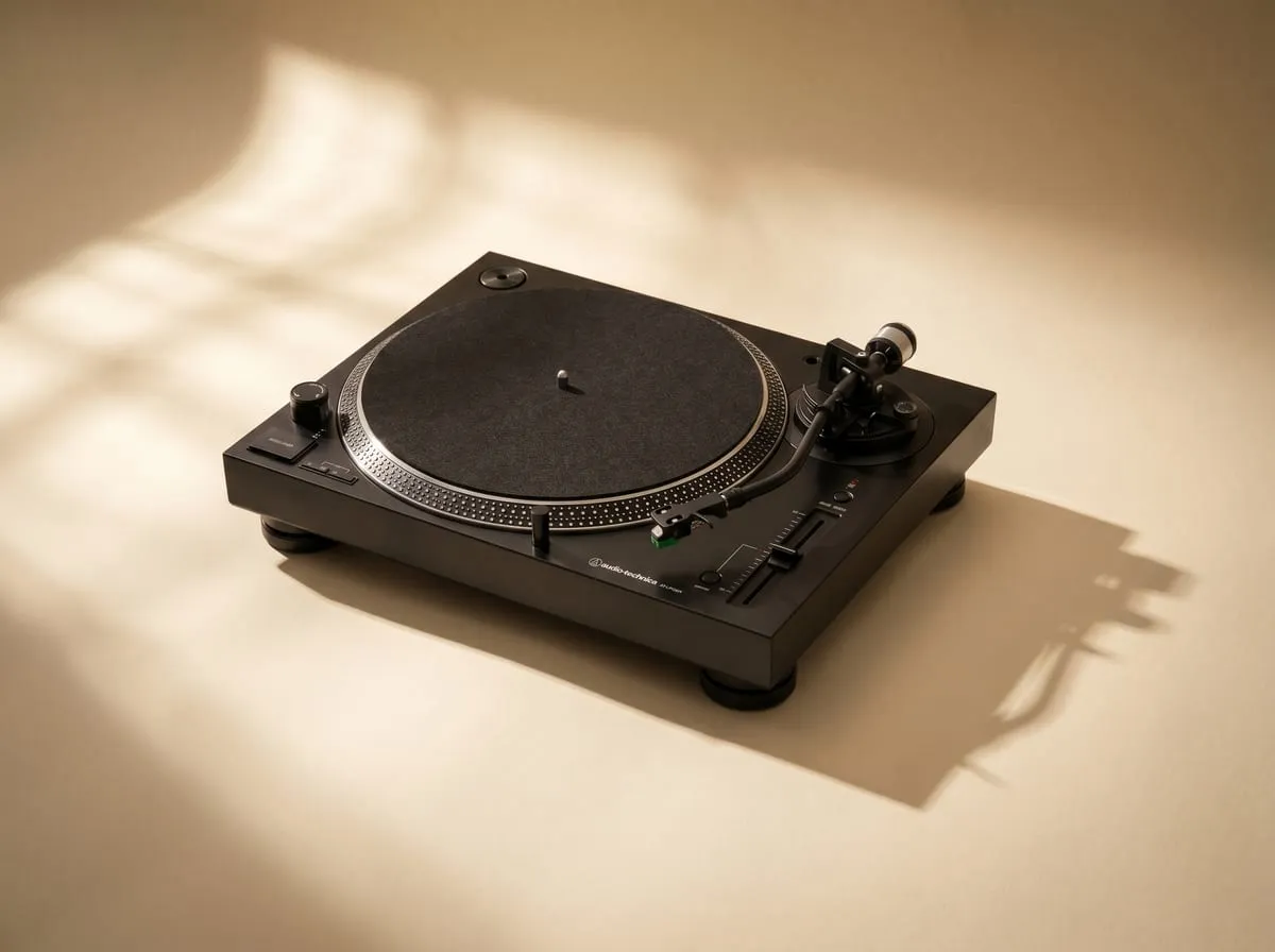 Full overhead-angle view of the Audio-Technica AT-LP120XUSB showing the start/stop control, pitch slider, tonearm and adjustable counterweight