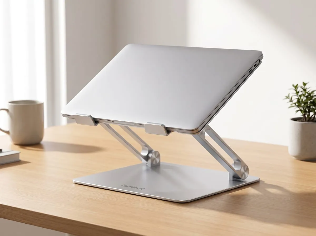 Lamicall silver aluminum laptop stand holding a laptop, clean editorial product shot