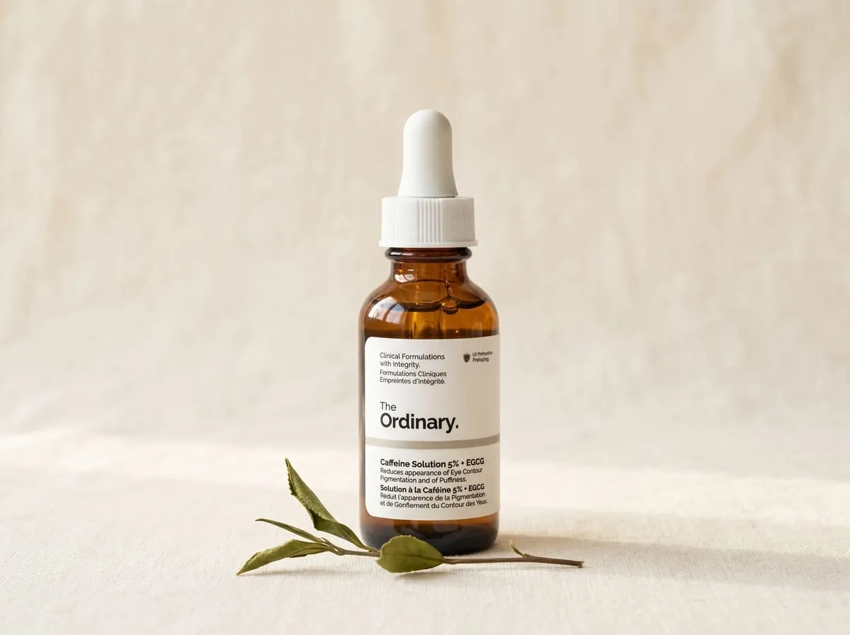 The Ordinary Caffeine — verdict hero, dropper bottle on linen with green tea sprig