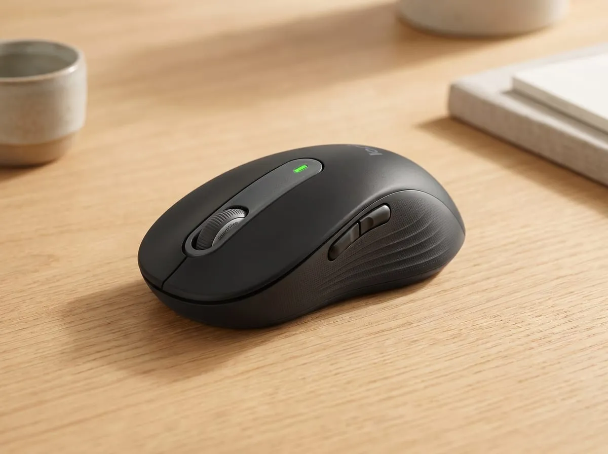 Logitech M650 wireless mouse on a warm wood desk beside a ceramic cup and a notepad in soft daylight