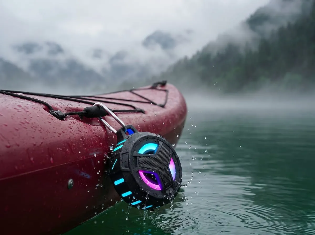 EBODA Bluetooth speaker clipped to the hull of a red kayak on a misty mountain lake, LED glowing cyan and magenta