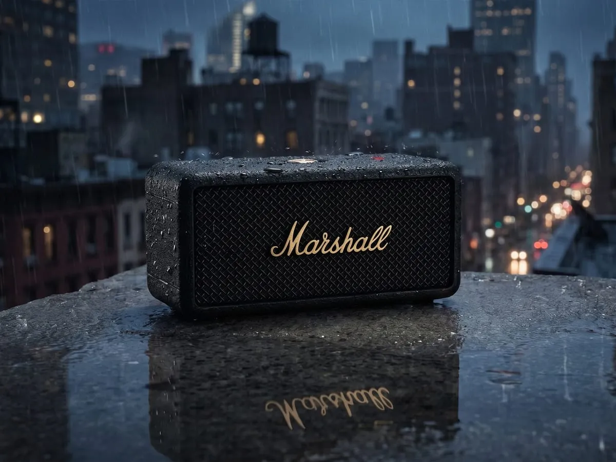 Marshall Emberton III on a wet rooftop ledge in the rain with a nighttime city skyline behind, water beaded on the grille (IP67 in use)