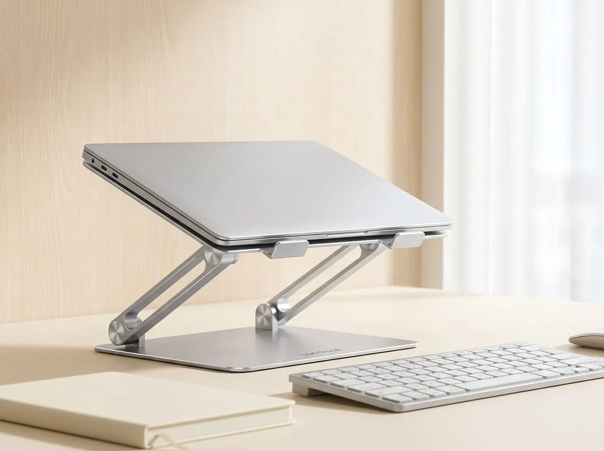 Lamicall laptop stand on a tidy minimalist desk beside a keyboard and a notebook in soft daylight
