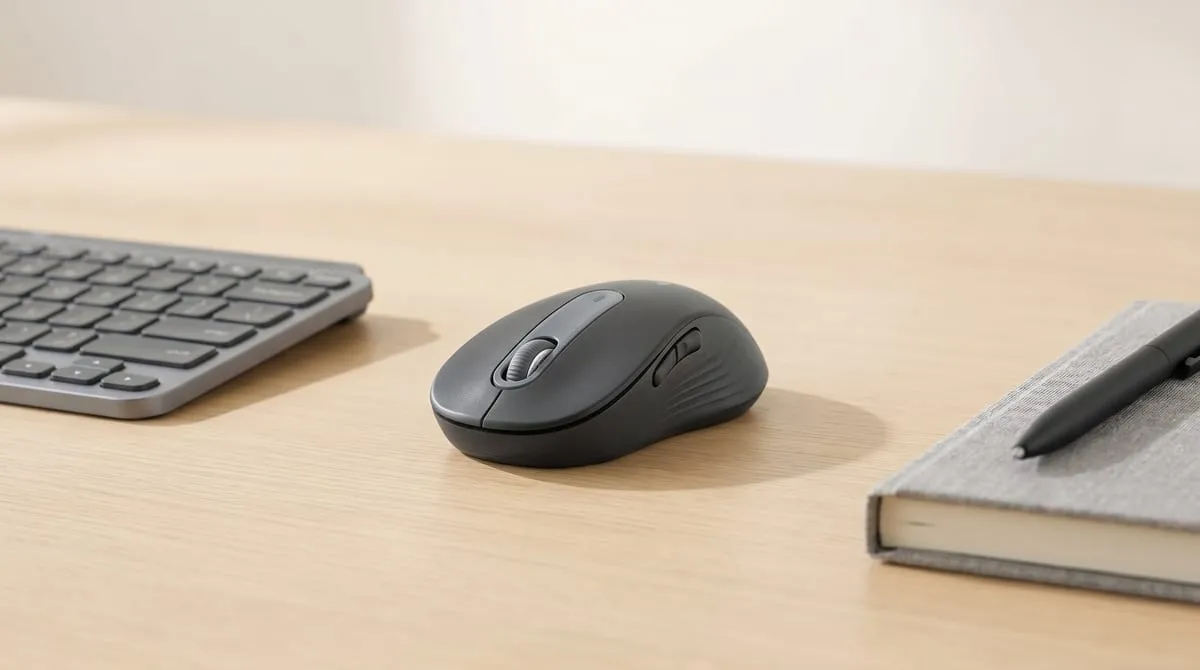 Logitech M650 on a tidy minimalist desk beside a keyboard and a notebook, clean daylight