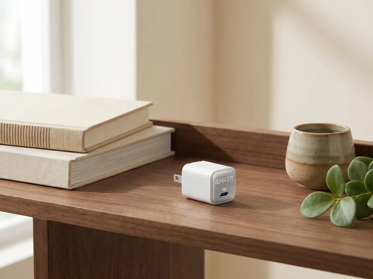 Anker Nano 30W charger on a styled wood shelf beside stacked books, a ceramic cup, and a trailing plant