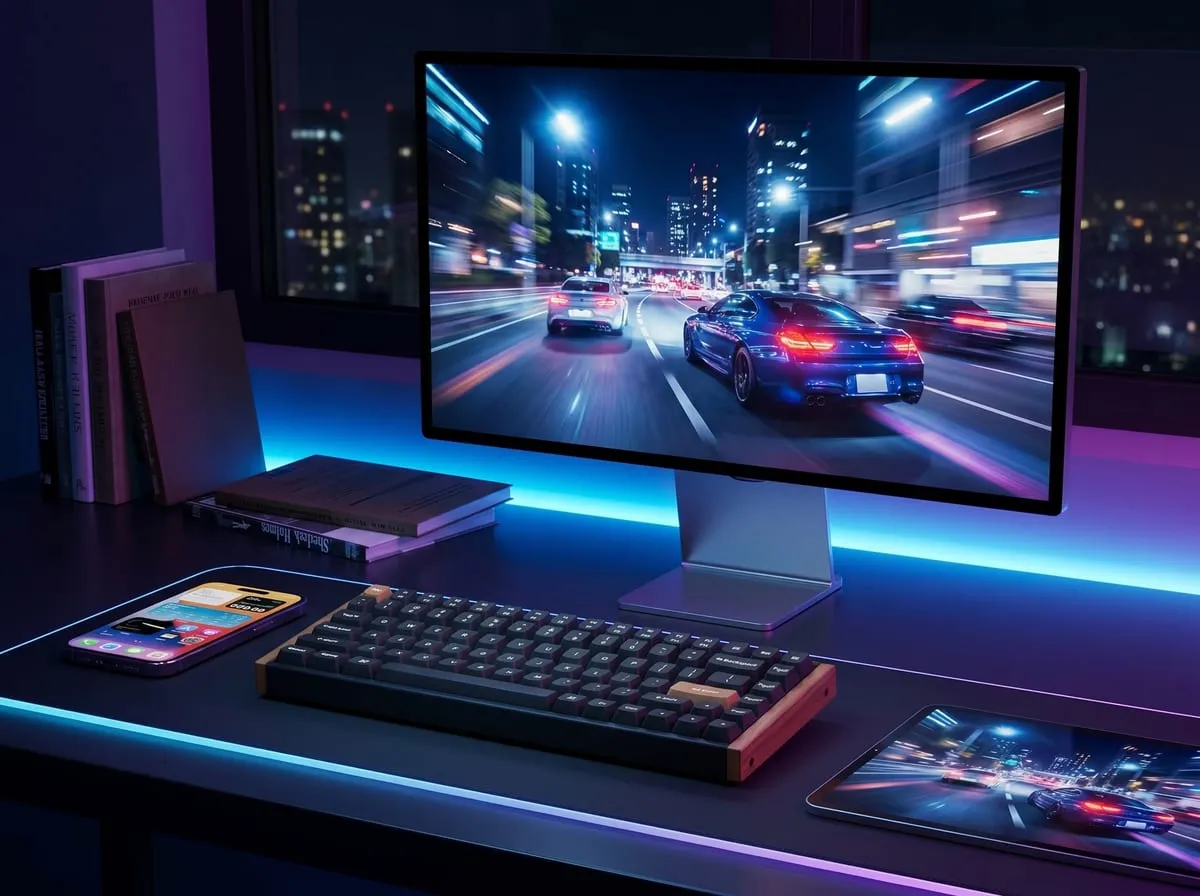 Keychron K2 HE backlit on a night-time desk setup with a monitor running a racing game and a smartphone alongside