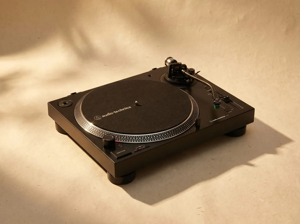 Audio-Technica AT-LP120XUSB direct-drive turntable on a warm cream backdrop in soft evening light