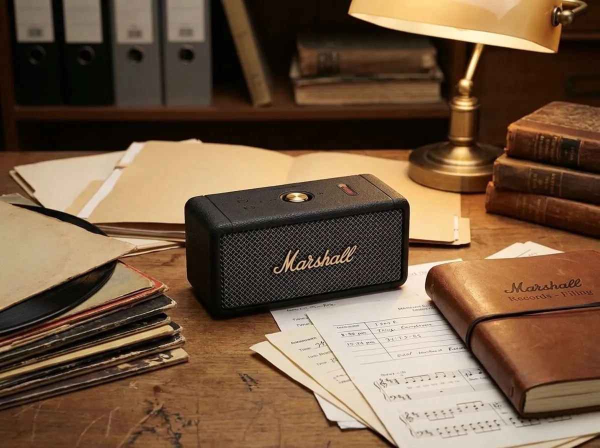 Marshall Emberton III on a warm wooden desk among vintage leather-bound books, sheet music, vinyl records, and a brass lamp — an heirloom-object still life
