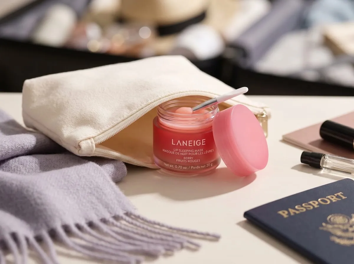 LANEIGE Lip Sleeping Mask in Berry tucked into a travel pouch beside a passport and a soft scarf