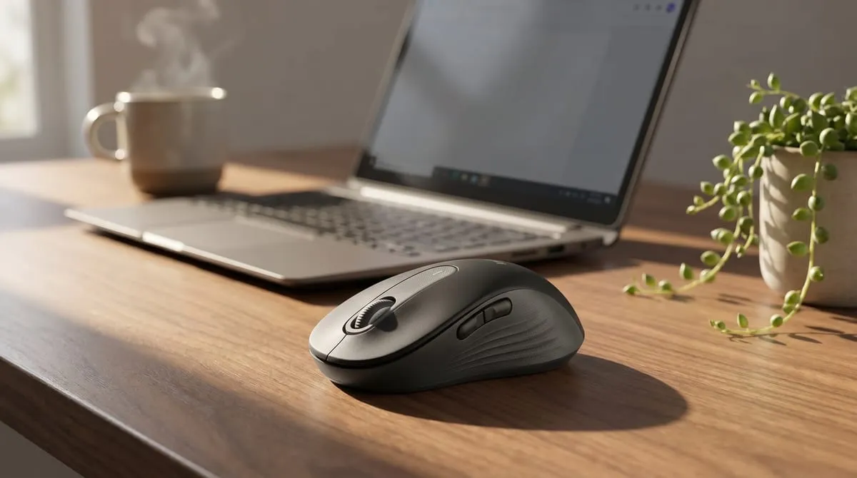 Logitech M650 on a wood desk in a sunlit morning home office with a laptop, coffee, and a trailing plant
