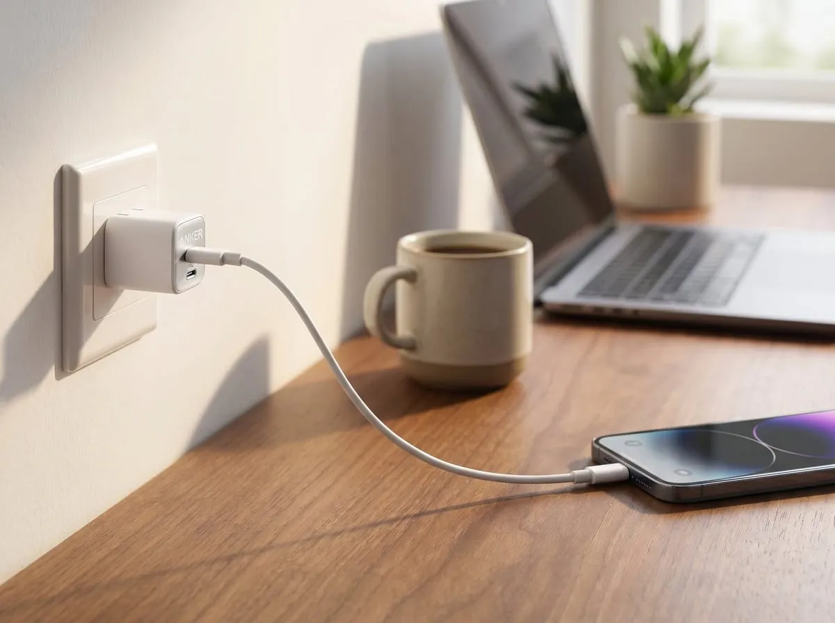 Anker Nano 30W charger plugged into a wall outlet charging a phone on a sunlit wood desk with a coffee mug and a laptop
