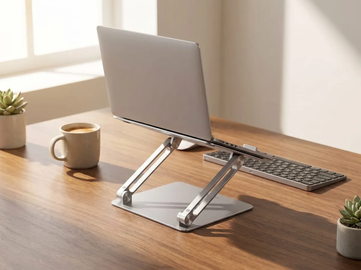 Lamicall laptop stand holding a laptop in a sunlit morning home office with coffee and plants