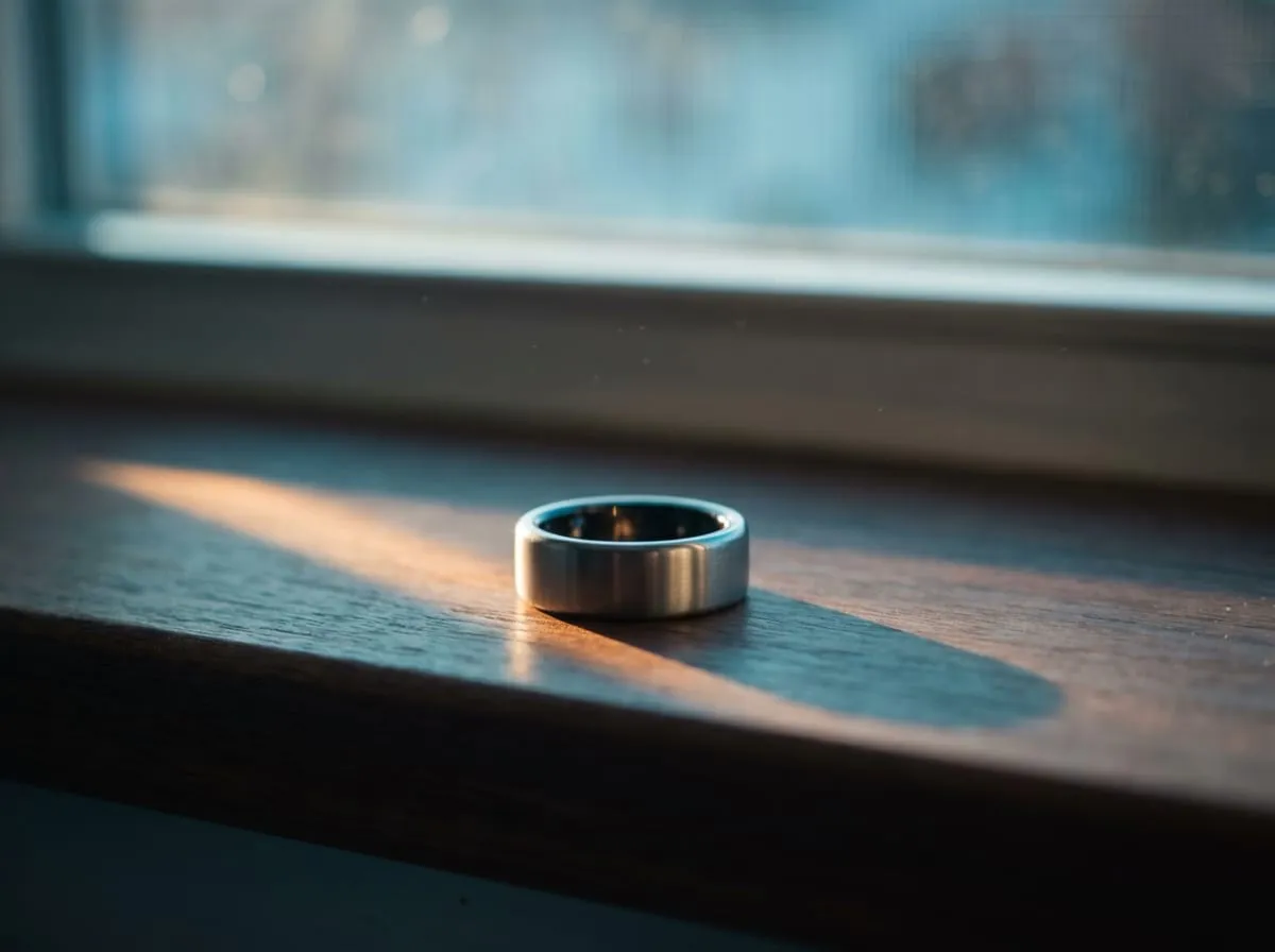 Oura Ring 4 Silver resting on a windowsill in morning light