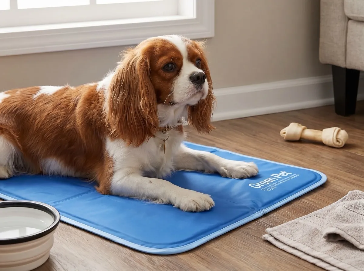 Close detail of a paw and body pressing the Green Pet Shop gel cooling mat surface, showing the pressure-activated no-power gel layer in soft shaded indoor light