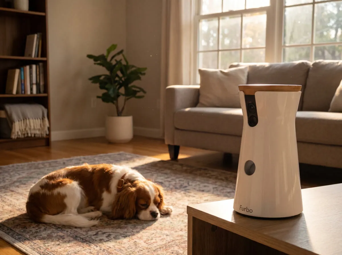 A dog resting alone in a warm sunlit living room during the day, the Furbo 360 dog camera watching from a side table while the owner is away