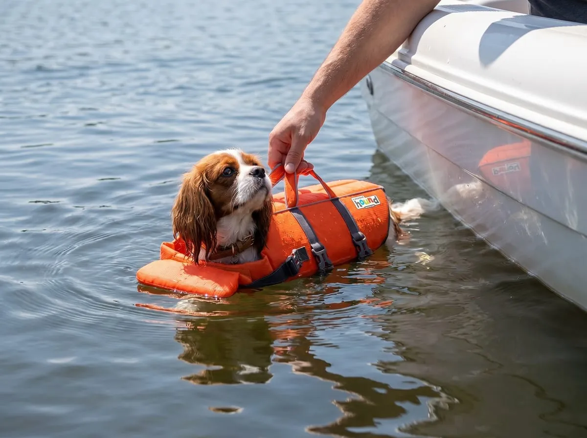 A Cavalier in the orange Granby Splash life jacket floating head-high in open lake water beside a boat hull, an owner's hand reaching for the top grab handle