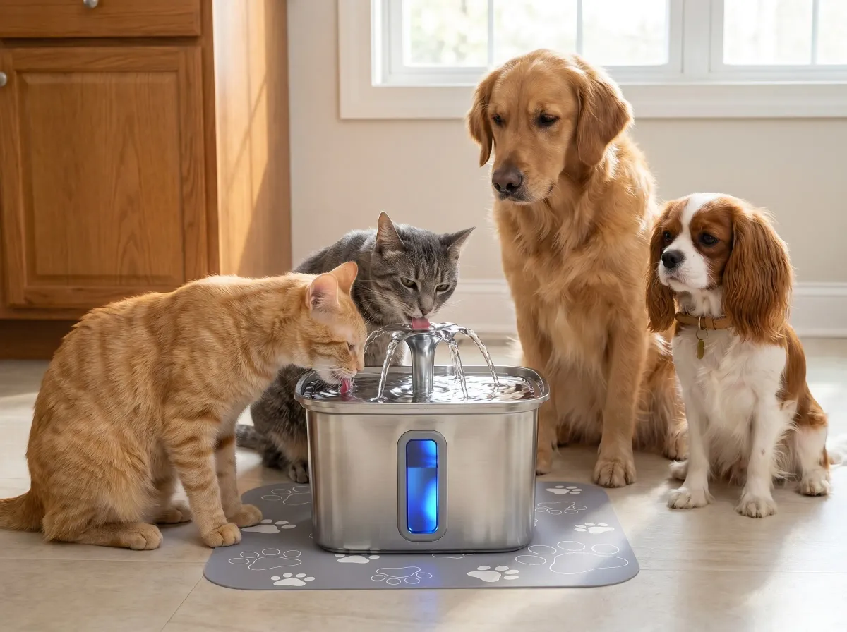 A cat drinking from the upper stream of the running Veken stainless steel pet fountain, water clear and circulating, calm indoor daylight