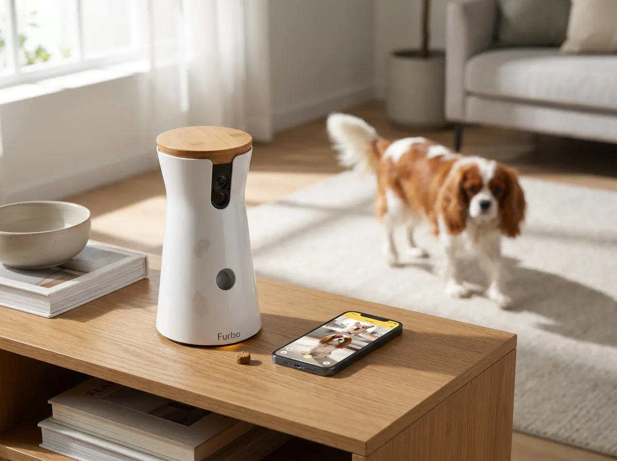 The Furbo 360 dog camera mid-rotation on a console table, panning to keep a dog in frame across the living room with the treat-toss bowl loaded