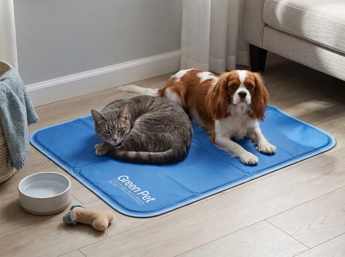 The blue Green Pet Shop cooling mat laid out in a calm shaded indoor corner with a content pet resting nearby, the durable wipe-clean surface in clear view