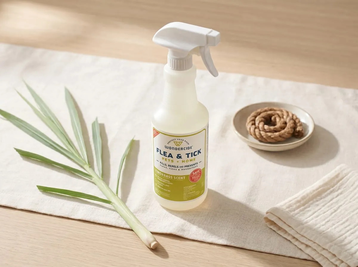 Wondercide flea and tick spray for pets — confident editorial hero on cream linen with a fresh lemongrass stalk and a coiled rope chew toy in a small ceramic dish, signaling plant-based, pet-safe formula