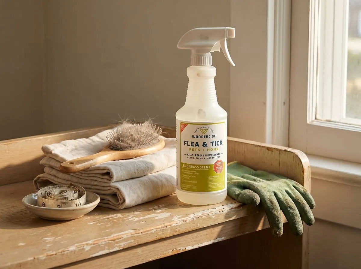 Wondercide flea and tick spray on a worn paint-chipped shelf alongside folded linen towels, a wooden hairbrush with pet fur, a tape measure in a small dish, and well-used garden gloves — the lived-in shelf of a household that's been using the spray for years