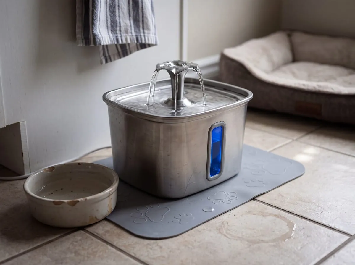 The Veken stainless steel pet water fountain as a long-trusted kitchen-floor fixture, lightly used beside a well-worn pet bowl and mat in calm indoor daylight