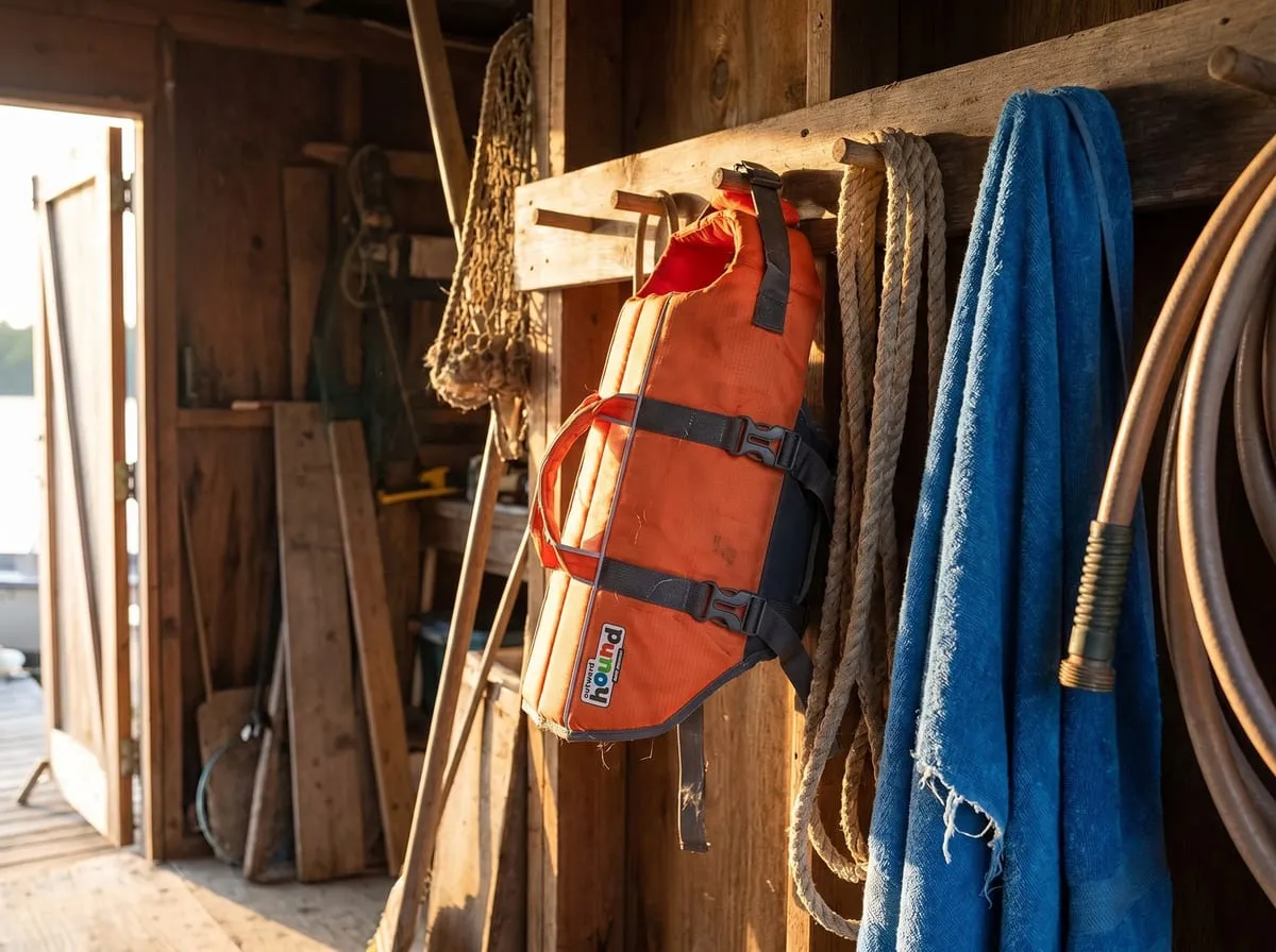The orange Outward Hound Granby Splash dog life jacket hanging on a peg rail among well-worn leashes and a sun-faded towel, the shell lightly weathered from seasons of lake and pool use