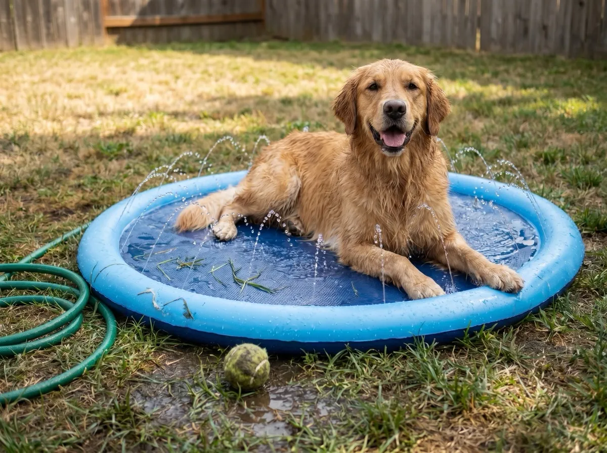 A golden retriever lounging contentedly in the shallow center of the Peteast dog splash pad in a sunny backyard, a coiled garden hose and a well-chewed tennis ball nearby — a proven warm-weather staple