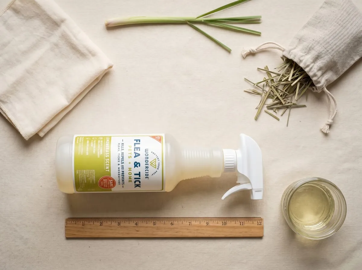 Wondercide flea and tick spray top-down flat-lay — 16-oz bottle laid alongside a wooden ruler, fresh lemongrass stalks, a linen drawstring pouch of dried lemongrass, a folded cotton spray rag, and a glass jar of pale formulation liquid