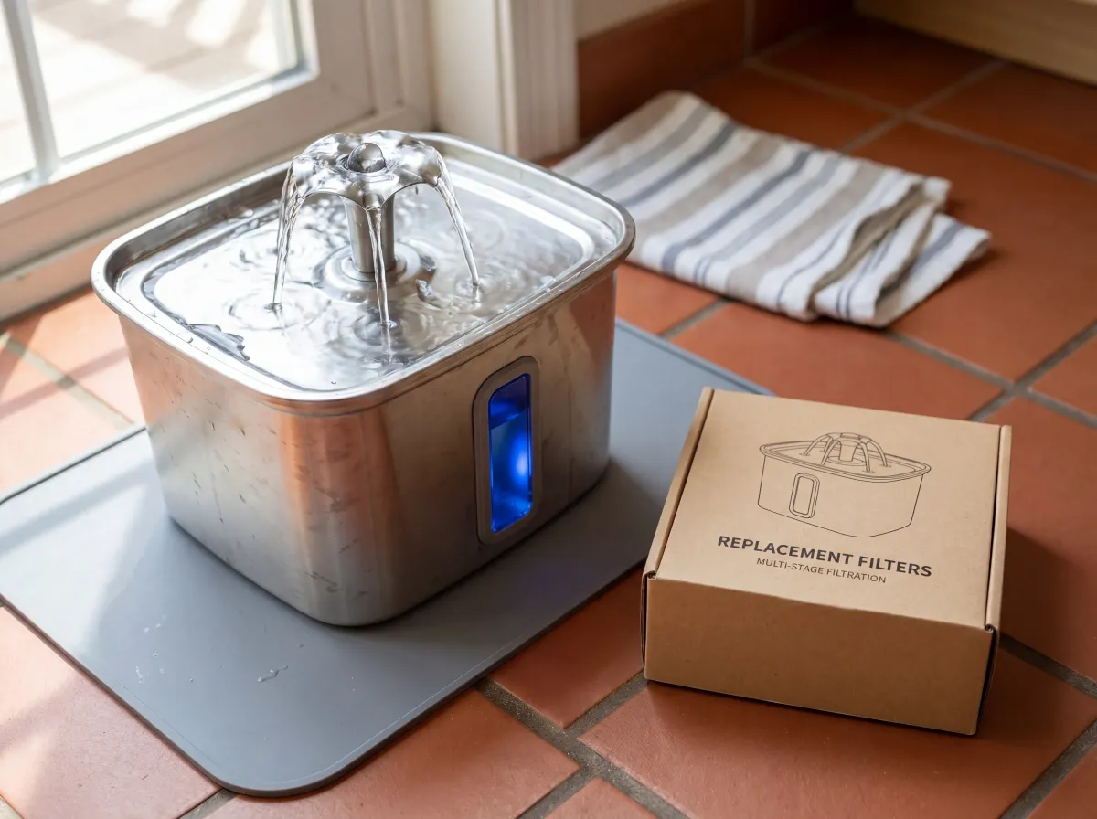 The Veken 108oz stainless fountain on a tiled kitchen floor next to a spare replacement filter pack, framing long-run hydration value for a multi-pet home