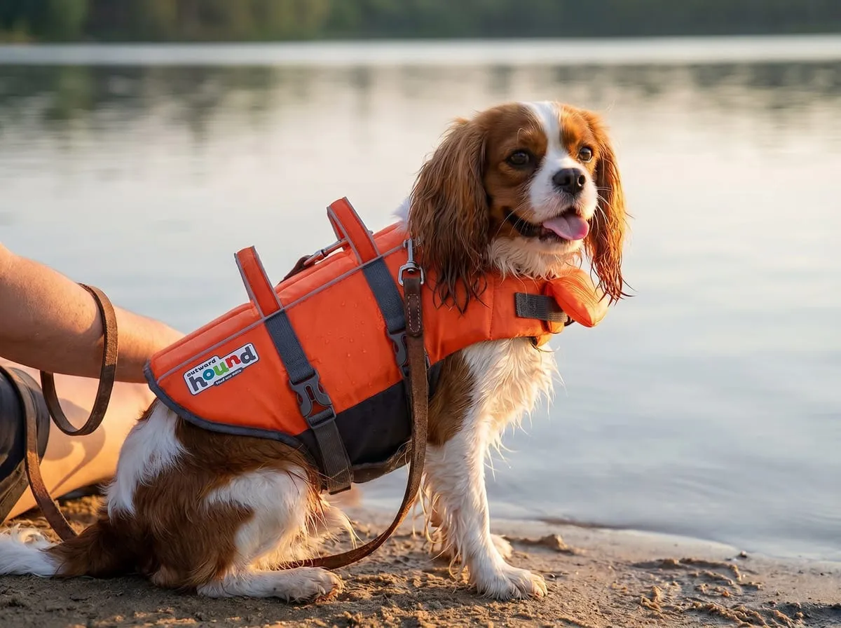 A Cavalier wearing the orange Granby Splash life jacket sitting calmly at the water's edge in soft evening light, the chin float and dual grab handles clearly visible