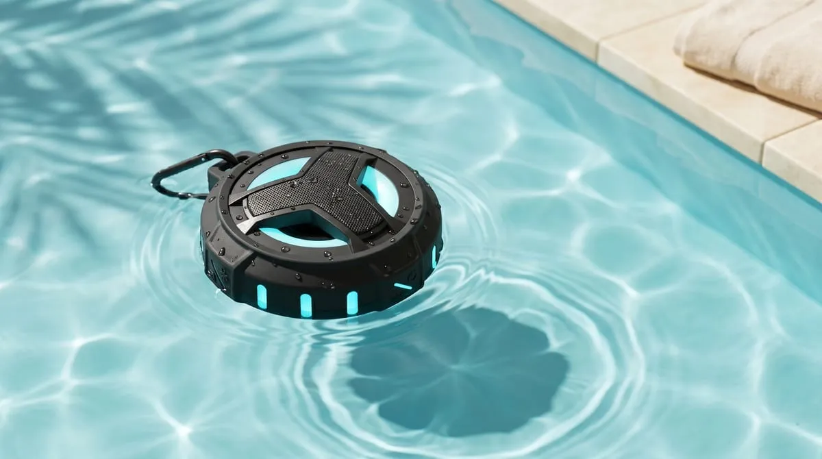 EBODA Bluetooth speaker floating on a sunlit pool beside the pool-edge tile and folded cream towels