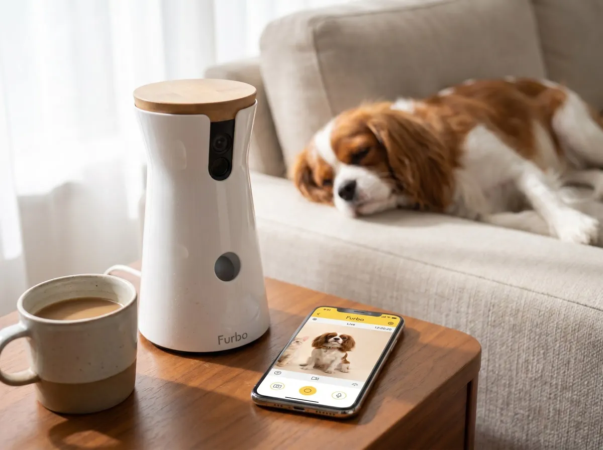 The Furbo 360 dog camera beside a coffee mug and a phone showing the live app view, a calm dog soft-focus behind, weighing everyday value